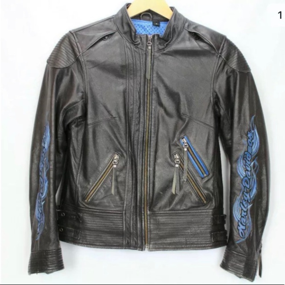 Harley Davidson black leather blue flames jacket S